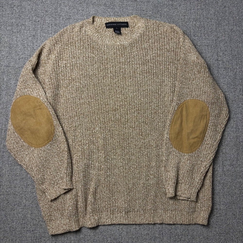 Adrienne Vittadini Sweater Mens L Tan Silk Cotton Crewneck Elbow Patches Knit